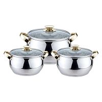 НАБОР КАСТРЮЛЬ  6пр(2,1л,3л,4л) стеклянные крышки нержавейка KL-4206 1/4