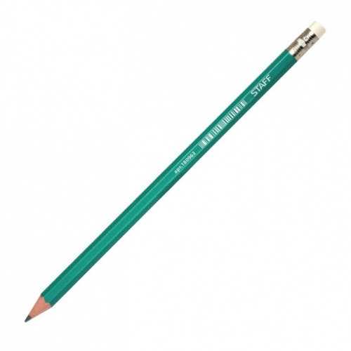 карандаш чернографитный  STAFF (СТАФФ) HB заточ/ пласт/ зеленый корпус/с ластиком 1/12/48 180963 Мин.заказ=12