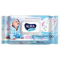 салфетки влажные 120шт AURA (АУРА) детские с алоэ 1/12 80664 Мин.заказ=2