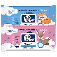 полотенца влажные 60шт  EMILY STYLE (ЭМИЛИ СТАЙЛ) детские с клапаном,без отдушки,0+ XL размер 1/12  8181 Мин.заказ=2